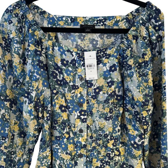 Ann Taylor Blue Floral Button Down Peasant Blouse Women's Medium NEW - Picture 3 of 6